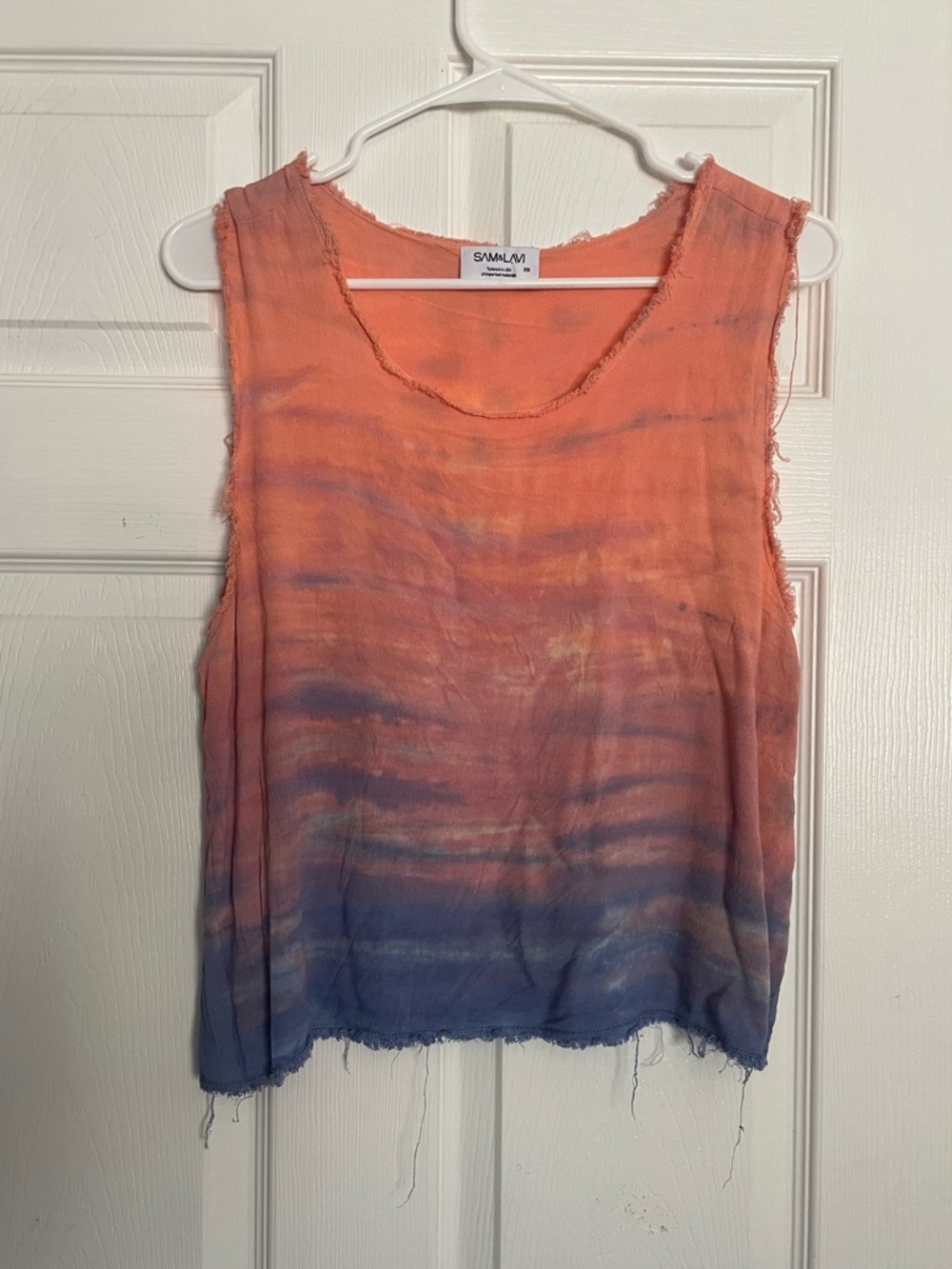 Sam & Lavi Women’s XS Sunrise Sunset Orange to Blue Tie-Dye Raw-Edge Tank